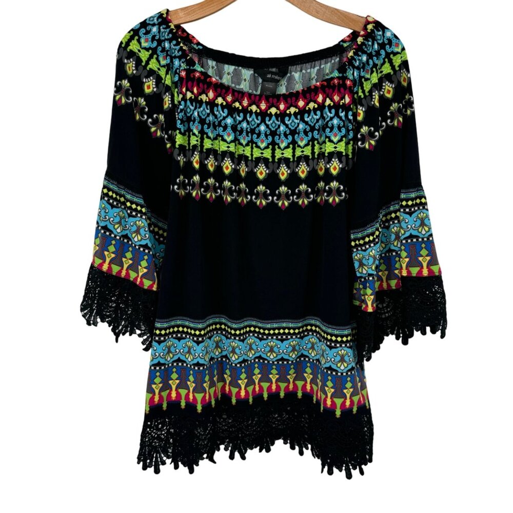 Ali Miles Black Boho Crochet Trim Tunic with Multicolor Print